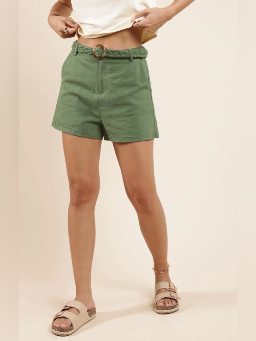 High-Rise Braided Belt Linen Shorts - Green